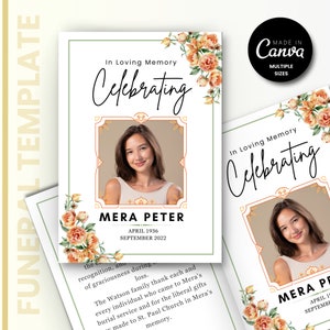 Puede incluir: Una plantilla de anuncio fúnebre blanca con un diseño floral. La plantilla presenta una foto de una mujer, el texto "En memoria cariñosa Celebrando", y el nombre "MERA PETER" con las fechas de nacimiento y fallecimiento.