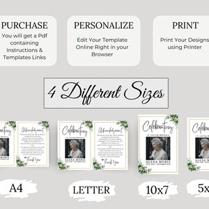 Puede incluir: Cuatro plantillas de tarjetas conmemorativas imprimibles en diferentes tama&ntilde;os: A4, Carta, 10x7 pulgadas y 5x7 pulgadas. Cada plantilla presenta un dise&ntilde;o floral con un espacio reservado para una foto y el texto "Celebrating in Loving Memory".