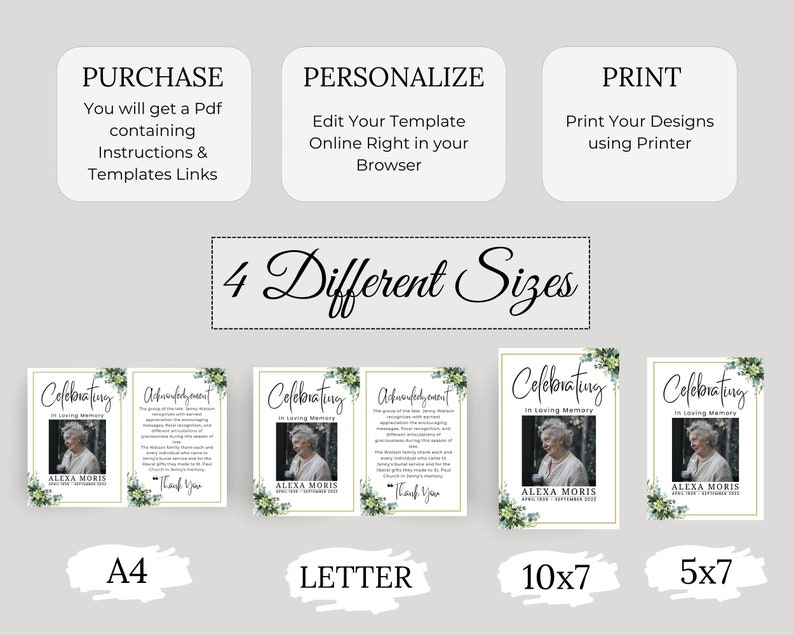Puede incluir: Cuatro plantillas de tarjetas conmemorativas imprimibles en diferentes tama&ntilde;os: A4, Carta, 10x7 pulgadas y 5x7 pulgadas. Cada plantilla presenta un dise&ntilde;o floral con un espacio reservado para una foto y el texto "Celebrating in Loving Memory".