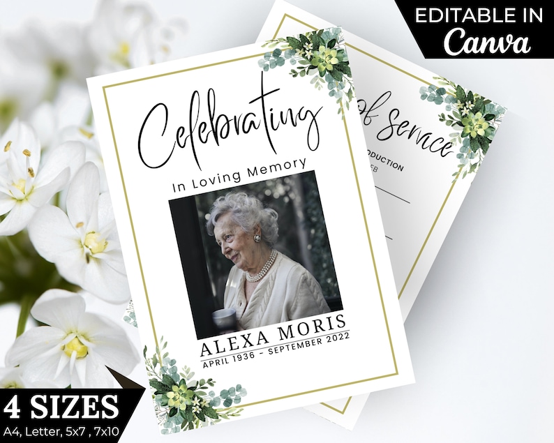 Puede incluir: Una plantilla imprimible para una celebraci&oacute;n de la vida. La plantilla presenta un dise&ntilde;o floral verde con un espacio reservado para una foto, el texto "Celebraci&oacute;n del servicio" y el texto "En memoria cari&ntilde;osa". La plantilla tambi&eacute;n incluye espacio para el nombre del fallecido, las fechas de nacimiento y muerte, y una secci&oacute;n para una breve biograf&iacute;a.
