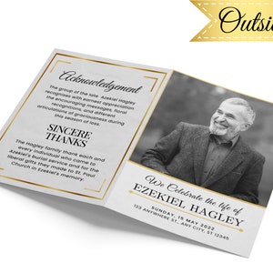 May include: A black and white photo of a man with a white beard and a smile. The photo is on a white card with gold trim. The card has the text "We Celebrate the life of Ezekiel Hagley" and "Sunday, 15 May 2022" in gold lettering. The card also has the address "123 Anywhere St., Any City, ST 12345".