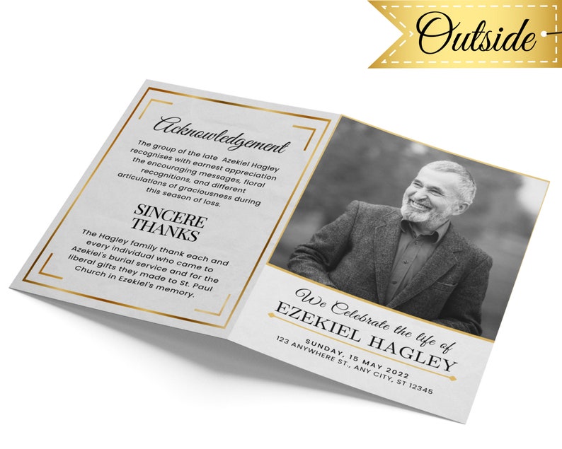 May include: A black and white photo of a man with a white beard and a smile. The photo is on a white card with gold trim. The card has the text "We Celebrate the life of Ezekiel Hagley" and "Sunday, 15 May 2022" in gold lettering. The card also has the address "123 Anywhere St., Any City, ST 12345".