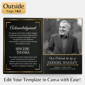 May include: Black and gold funeral announcement card with a photo of a man smiling. The text reads "Acknowledgement" and "We Celebrate the life of Ezekiel Hagley".