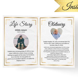 May include: A black and white photo of a man sitting on a bench in front of a body of water. The photo is surrounded by a gold frame. The text "Life Story" is at the top of the frame and the text "Ezekiel Hagley (1970-2022)" is below the photo. The text "Obituary" is at the top of the frame on the right side of the image. The text "Ezekiel Hagley, 52, was conceived April 30, 1970 in San Jose, California and died on Sunday, May 15, 2022." is below the text "Obituary".