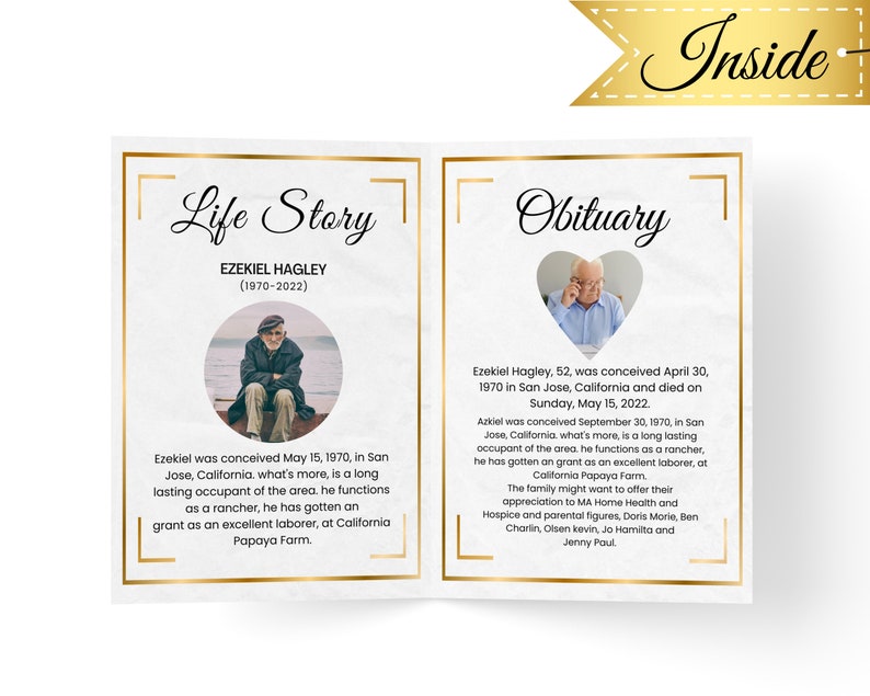 May include: A black and white photo of a man sitting on a bench in front of a body of water. The photo is surrounded by a gold frame. The text "Life Story" is at the top of the frame and the text "Ezekiel Hagley (1970-2022)" is below the photo. The text "Obituary" is at the top of the frame on the right side of the image. The text "Ezekiel Hagley, 52, was conceived April 30, 1970 in San Jose, California and died on Sunday, May 15, 2022." is below the text "Obituary".
