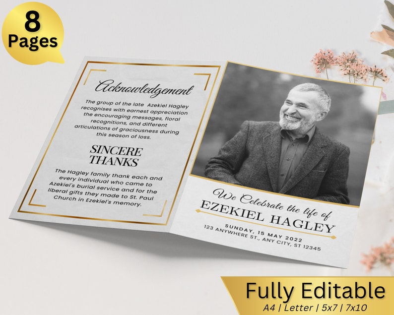 May include: A black and white photo of a man smiling, with a gold border. The text "We Celebrate the life of Ezekiel Hagley" is in a black script font with a gold underline. The text "Sunday, 15 May 2022" and "123 Anywhere St., Any City, ST 12345" are in black text below the name.