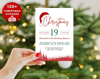 May include: A red and white Christmas party invitation with a Santa hat illustration. The invitation reads "Christmas 19 1:00 PM" and includes the text "Please join us for Christmas Party at Jessica's House AT 123 ANYWHERE ST., ANY CITY, ST 12345".