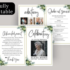 Puede incluir: Un programa de funeral verde y dorado con un dise&ntilde;o floral. El programa incluye un orden de servicio, un agradecimiento y una p&aacute;gina de celebraci&oacute;n con una foto del fallecido. El texto del programa dice: "Orden del servicio", "Agradecimiento", "Celebraci&oacute;n", "En memoria cari&ntilde;osa", "Alexa Morris", "Abril 1936 - Septiembre 2022", "Bienvenida e introducci&oacute;n", "Pastor Aaron Loer", "Oraci&oacute;n", "Palabras de apertura", "Selecci&oacute;n", "Coro - Canto y baile", "Recordando a Hindley", "Amigos y familia", "Elogio", "Hermana y Hindley", "Agradecimiento", "Recesi&oacute;n final de la visita", y "Gracias".