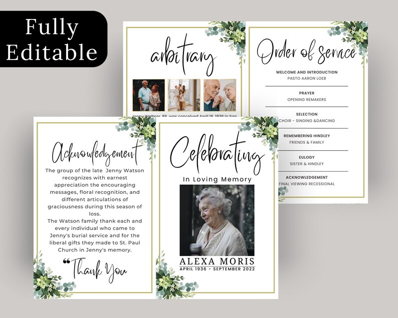 Puede incluir: Un programa de funeral verde y dorado con un dise&ntilde;o floral. El programa incluye un orden de servicio, un agradecimiento y una p&aacute;gina de celebraci&oacute;n con una foto del fallecido. El texto del programa dice: "Orden del servicio", "Agradecimiento", "Celebraci&oacute;n", "En memoria cari&ntilde;osa", "Alexa Morris", "Abril 1936 - Septiembre 2022", "Bienvenida e introducci&oacute;n", "Pastor Aaron Loer", "Oraci&oacute;n", "Palabras de apertura", "Selecci&oacute;n", "Coro - Canto y baile", "Recordando a Hindley", "Amigos y familia", "Elogio", "Hermana y Hindley", "Agradecimiento", "Recesi&oacute;n final de la visita", y "Gracias".