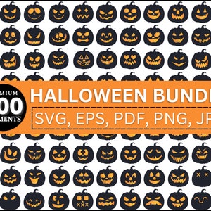 May include: A set of 100 black and orange Halloween pumpkin illustrations with different facial expressions. The text "PREMIUM 100 ELEMENTS" and "HALLOWEEN BUNDLE SVG, EPS, PDF, PNG, JPG" is displayed on a banner.