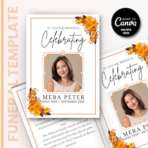 Pode incluir: Um modelo de anúncio de funeral com uma foto de uma mulher e um design floral. O texto diz "Em memória carinhosa Celebrando Mera Peter Abril 1936 - Setembro 2022".