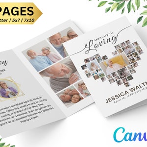 Funeral Heart Collage Program Template, Obituary program Memorial program Printable Funeral Service foldable funeral program , CANVA