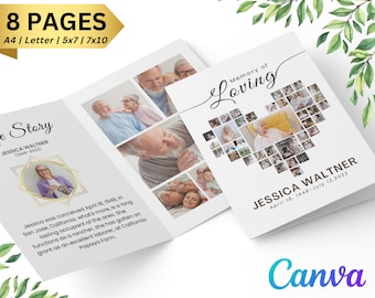 May include: A white 8-page booklet with a gold border and a photo collage of a woman in a heart shape on the front cover. The text "Memory of Loving" is written in cursive above the heart. The text "JESSICA WALTNER April 18, 1948 - July 12, 2022" is written below the heart. The back cover features a photo of the woman and text about her life.