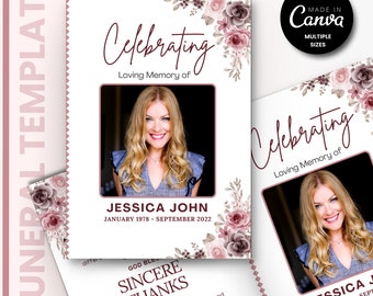 May include: A funeral announcement template with a floral design in shades of pink and brown. The template features a photo placeholder, the text "Celebrating" in a burgundy script font, and the text "Loving Memory of" in a smaller burgundy font. The text "Jessica John" is printed below the photo placeholder, along with the dates "January 1978 - September 2022". The text "God Bless" and "Sincere Thanks" are printed below the dates. The text "The Watson family thank each and every individual who came to the funeral service and for the..." is printed below the text "Sincere Thanks".