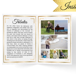 May include: A collage of photos featuring older adults enjoying various activities, including sitting on a bench, walking, and exercising. The photos are framed with a gold border and the text "Tributes" is printed in a gold font.