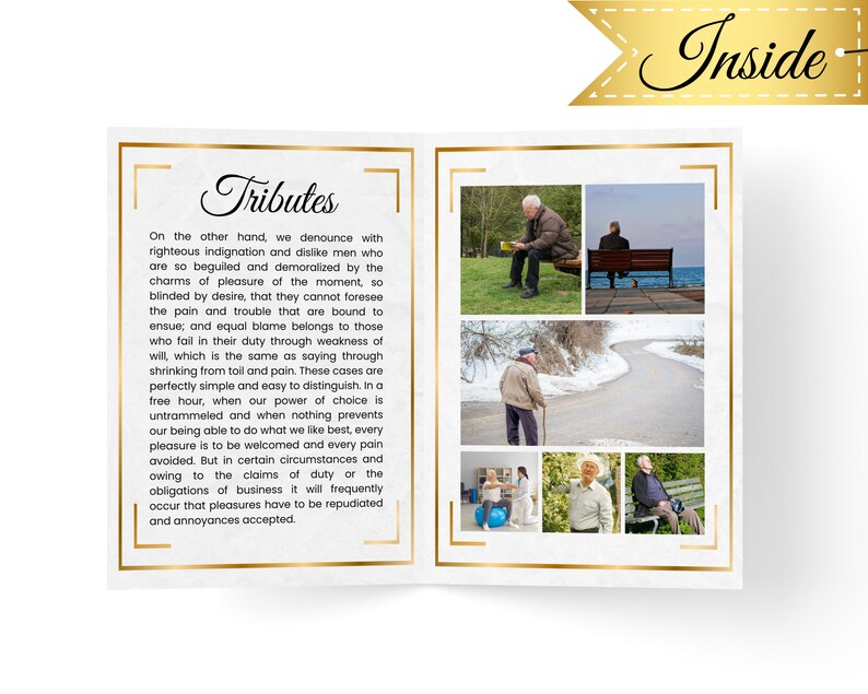 May include: A collage of photos featuring older adults enjoying various activities, including sitting on a bench, walking, and exercising. The photos are framed with a gold border and the text "Tributes" is printed in a gold font.