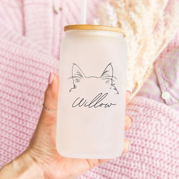 Personalized Cat Ear Coffee Cup With Name, Personalized Cat Name Tumbler, Bridesmaid, Christmas Xmas Gifts for Her, Pet Cat, Kitty Glass mug