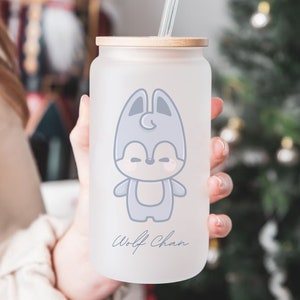 Skzoo, 16oz Coffee Glass Mug, Bamboo Lid with Glass Straw,  Personalized Gift, Stray kids Bias Merch,  Unique Gifts, Skzoo Glass Tumbler