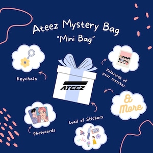 Ateez Mystery bias Bag | Custom Merch Gift Bag | Goodie Bag |Bookmarks| Keychains, Stickers, Photocards, Photos, Polaroid,& More!