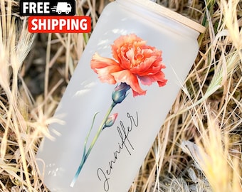 Personalized Birth Flower Coffee Cup Tumbler With Name,Personalized Birth Flower Glass Tumbler, Bridesmaid Proposal,Gift for Her,Party Favor