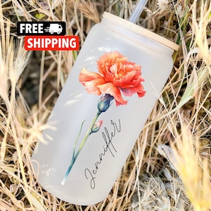 Personalized Birth Flower Coffee Cup Tumbler With Name,Personalized Birth Flower Glass Tumbler, Bridesmaid Proposal,Gift for Her,Party Favor