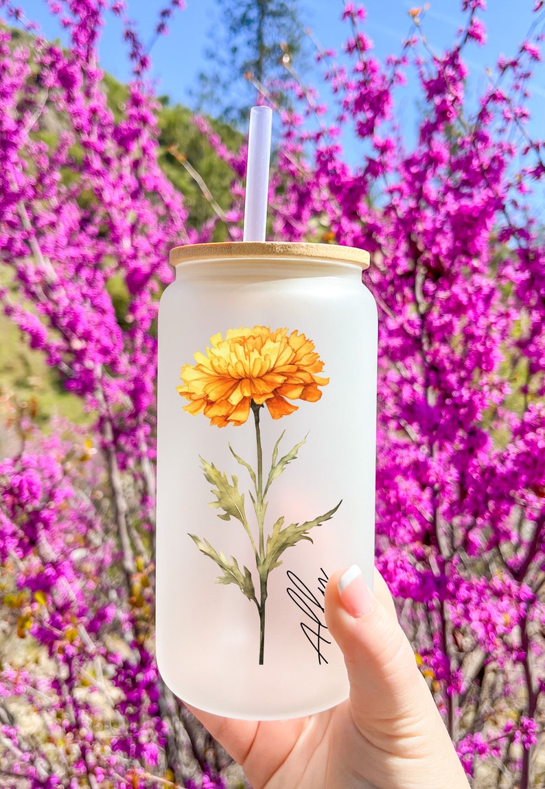 Personalized Birth Flower Coffee Cup Tumbler With Name,Personalized Birth Flower Glass Tumbler, Bridesmaid Proposal,Gift for Her,Party Favor image 5