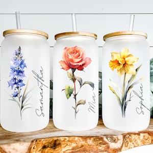 Personalized Birth Flower Coffee Cup Tumbler With Name,Personalized Birth Flower Glass Tumbler, Bridesmaid Proposal,Gift for Her,Party Favor image 10