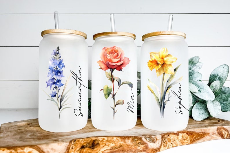 Personalized Birth Flower Coffee Cup Tumbler With Name,Personalized Birth Flower Glass Tumbler, Bridesmaid Proposal,Gift for Her,Party Favor image 10