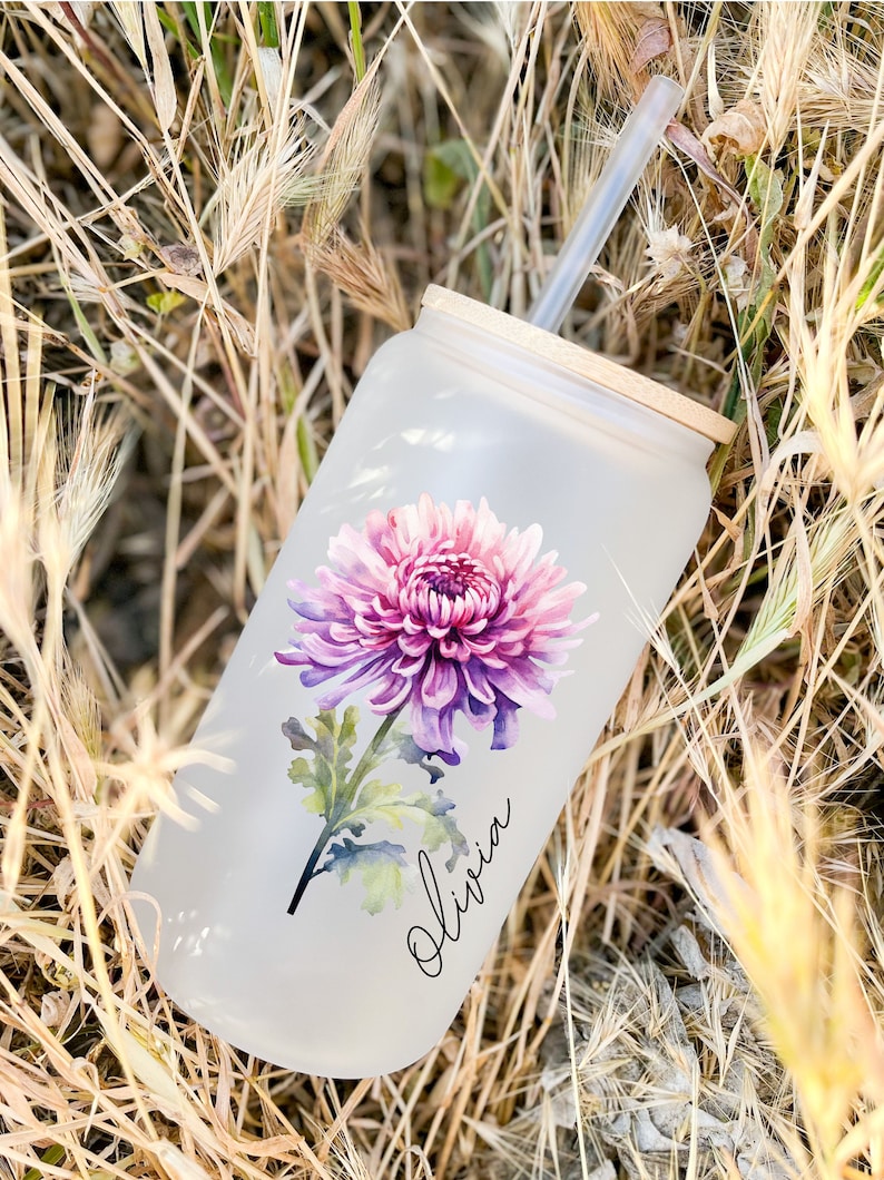 Personalized Birth Flower Coffee Cup Tumbler With Name,Personalized Birth Flower Glass Tumbler, Bridesmaid Proposal,Gift for Her,Party Favor image 4