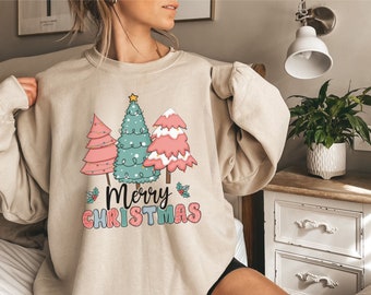 Frohe Weihnachten Sweatshirt, Weihnachten Crewneck Sweatshirt, gemütliches Wetter Pullover, Weihnachtsgeschenk, niedlicher Weihnachtsbaum, Weihnachtsgeschenk für Familie