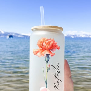 Personalized Birth Flower Coffee Cup Tumbler With Name,Personalized Birth Flower Glass Tumbler, Bridesmaid Proposal,Gift for Her,Party Favor image 2