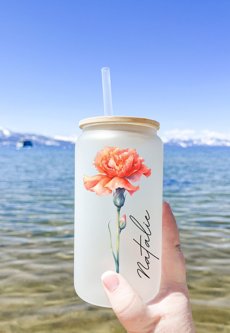 Personalized Birth Flower Coffee Cup Tumbler With Name,Personalized Birth Flower Glass Tumbler, Bridesmaid Proposal,Gift for Her,Party Favor image 2