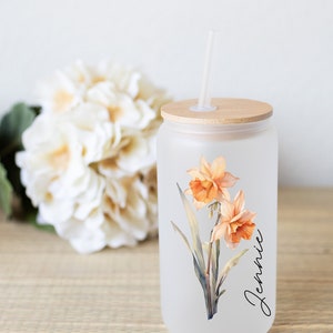 Personalized Birth Flower Coffee Cup Tumbler With Name,Personalized Birth Flower Glass Tumbler, Bridesmaid Proposal,Gift for Her,Party Favor image 7