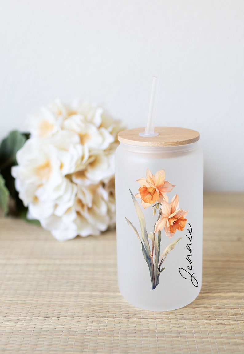 Personalized Birth Flower Coffee Cup Tumbler With Name,Personalized Birth Flower Glass Tumbler, Bridesmaid Proposal,Gift for Her,Party Favor image 7