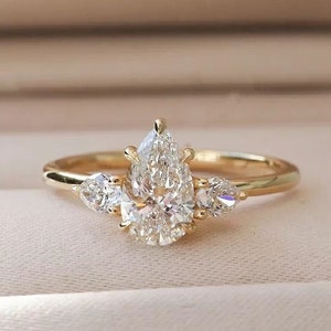 Pear Shaped Three Stone Moissanite Engagement Ring 10K Solid - Etsy