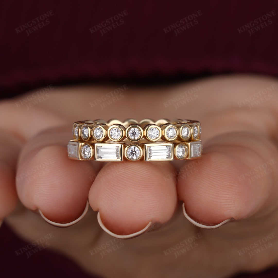 Baguette Round Moissanite Wedding Band Set Bezel Setting Full Eternity ...