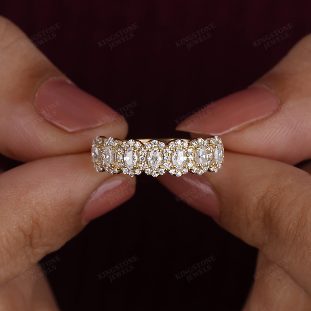 Oval Moissanite Wedding Band 14K Solid Gold Halo Eternity Band CZ ...