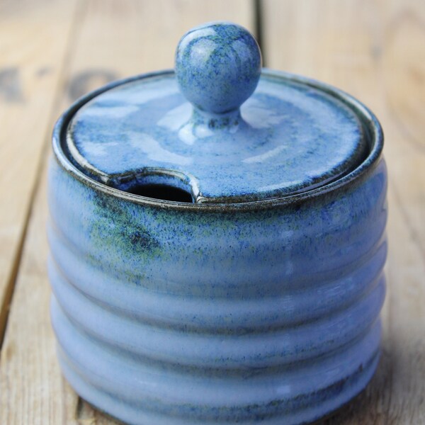 Blue tin handmade pottery sugar bowl 100% dishwasher safe! with slot for spoons