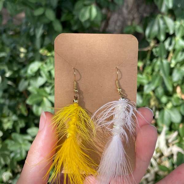 Funky Asymmetric Feather Earrings Yellow and White