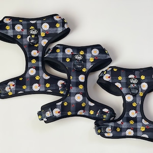 Oopsie Daisies Soft Adjustable Dog Harness, Daisies, Black Dog Harness, Cat Harness, Floral, Floral Dog Harness, Yellow Dog Harness, No Pull