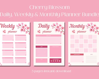 A4 Cherry Blossom Printable and Digital Daily, Weekly & Monthly Planner, Japanese Sakura Planner, Cute Pink Flowers Floral Notepad