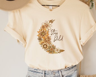 Floral Moon Shirt for Women, Boho Moon Floral Tshirt, Boho Stay Wild Tshirt, Moon Child Shirt, Cottagecore Moon Tshirt, Stay Wild Shirt