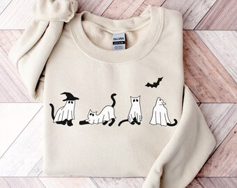 Halloween Cat Ghost Sweatshirt, Cat Sweatshirt, Halloween Cat Sweater, Halloween Sweatshirt, Fall Sweatshirt, Spooky Season Sweatshirt, Cats
