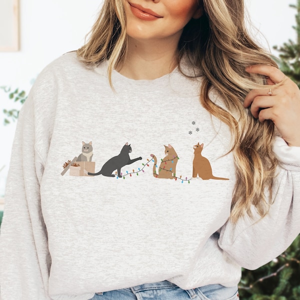 Sweat-shirt de chat de Noël pour les femmes, pull de chat de Noël, pull de Noël de chat pour le cadeau d'amant de chat, Noël de Meowy, sweat confortable de vacances