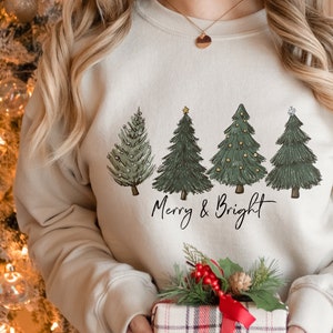 Christmas Sweatshirt for Women, Merry and Bright Sweatshirt, Christmas Sweater, Christmas Tree Sweatshirt, Crewneck Holiday Sweatshirt