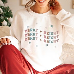 Retro Merry and Bright Sweatshirt for Christmas, Womens Christmas Sweater, Holiday Sweatshirt, Xmas Sweater, Cute Christmas Sweatshirt