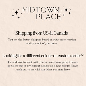 May include: Cream-colored background with the text "MIDTOWN PLACE" in black, adorned with star-shaped embellishments. Below, text details shipping from the US and Canada, and offers custom color or order options.