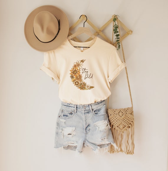 Floral Moon Shirt for Women, Boho Moon Floral Tshirt, Boho Stay Wild Tshirt, Moon Child Shirt, Cottagecore Moon Tshirt, Stay Wild Shirt