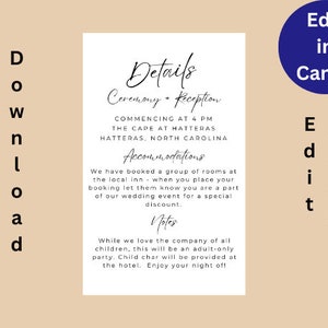 Minimalist wedding details card, Wedding invitation insert, Wedding accommodations card, Wedding details, Instant download, Party details