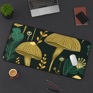 Botanical Art  Desk Mat - Sage Green Mushroom and Plant, Cottagecore desk mat, Deskmat Gift, Desk Mats Cottagecore, desk mat/desk pad